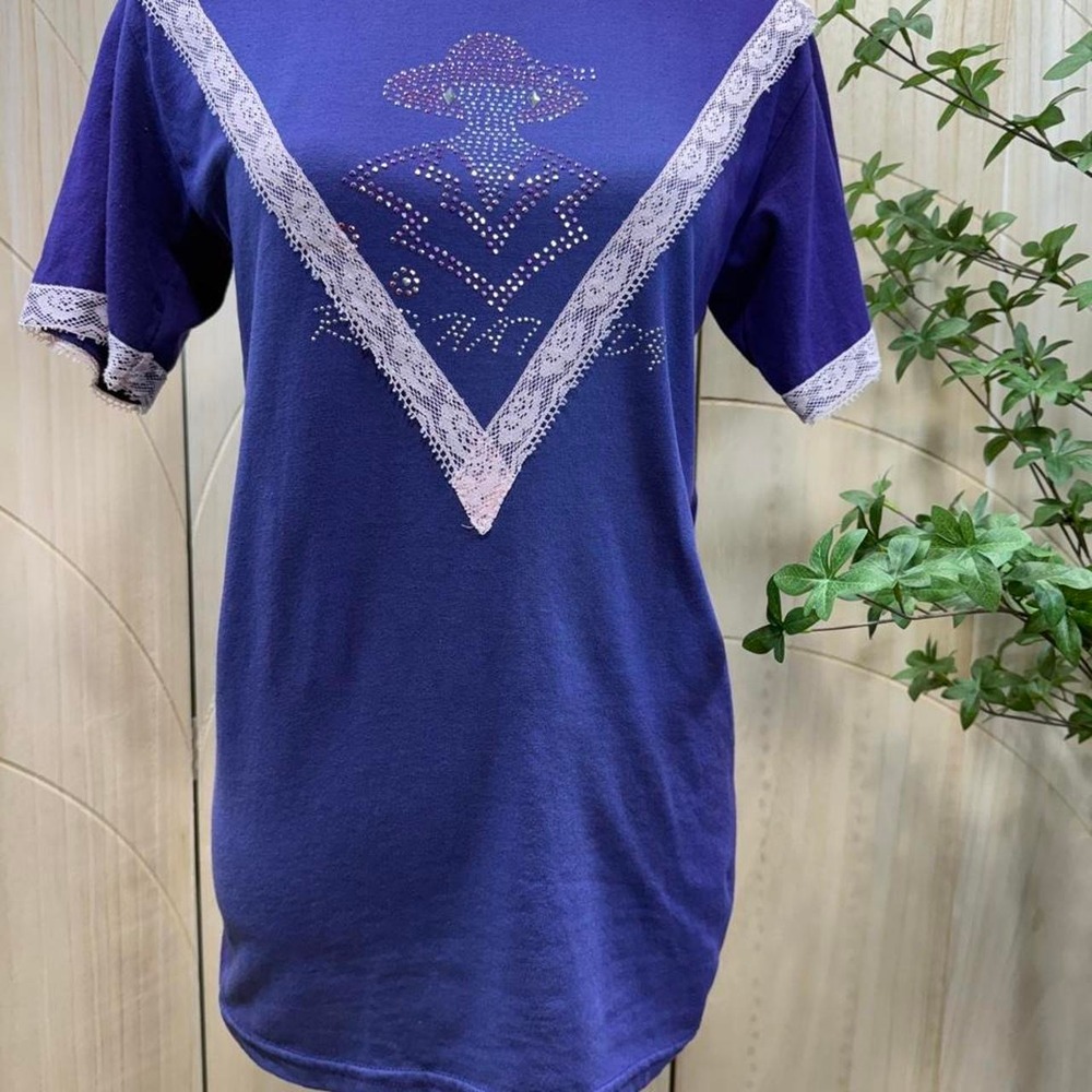 Y2K Purple Rhinestone Lace Trim Top Fancy Lady Graphic Tee Size Small